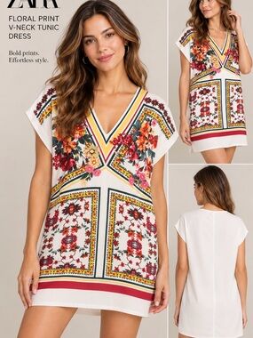 Zara White Shift Dress with Red & Yellow Floral Print, Size M